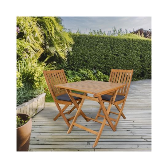 CONTINI Gartentischset 70x70cm mit 2 Stühlen mit Kissen, Eukalyptusholz